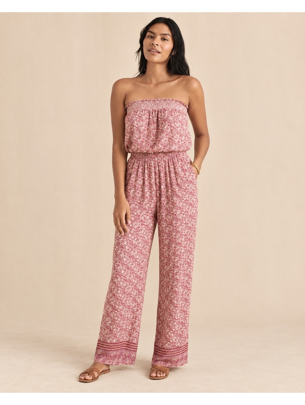 Faherty Renata Strapless Smocked Floral Wide Leg Jumpsuit Pink Size M